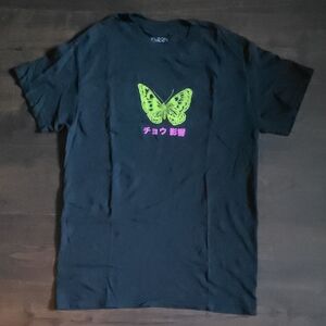 Eldon Black Tee with Neon Green Butterfly and Pink Kanji